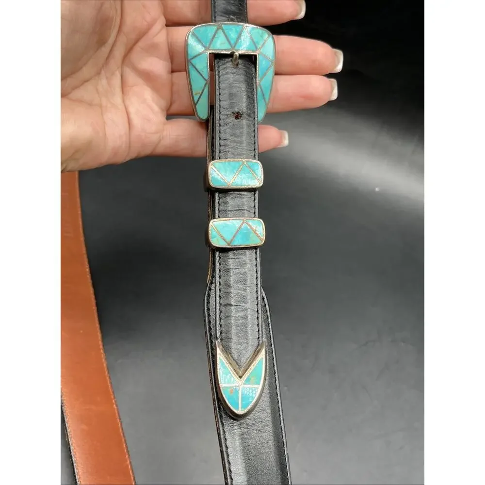Douglas Magnus Heartline Santa Fe Turquoise Inlay Sterling Silver 925 Buckle 90s